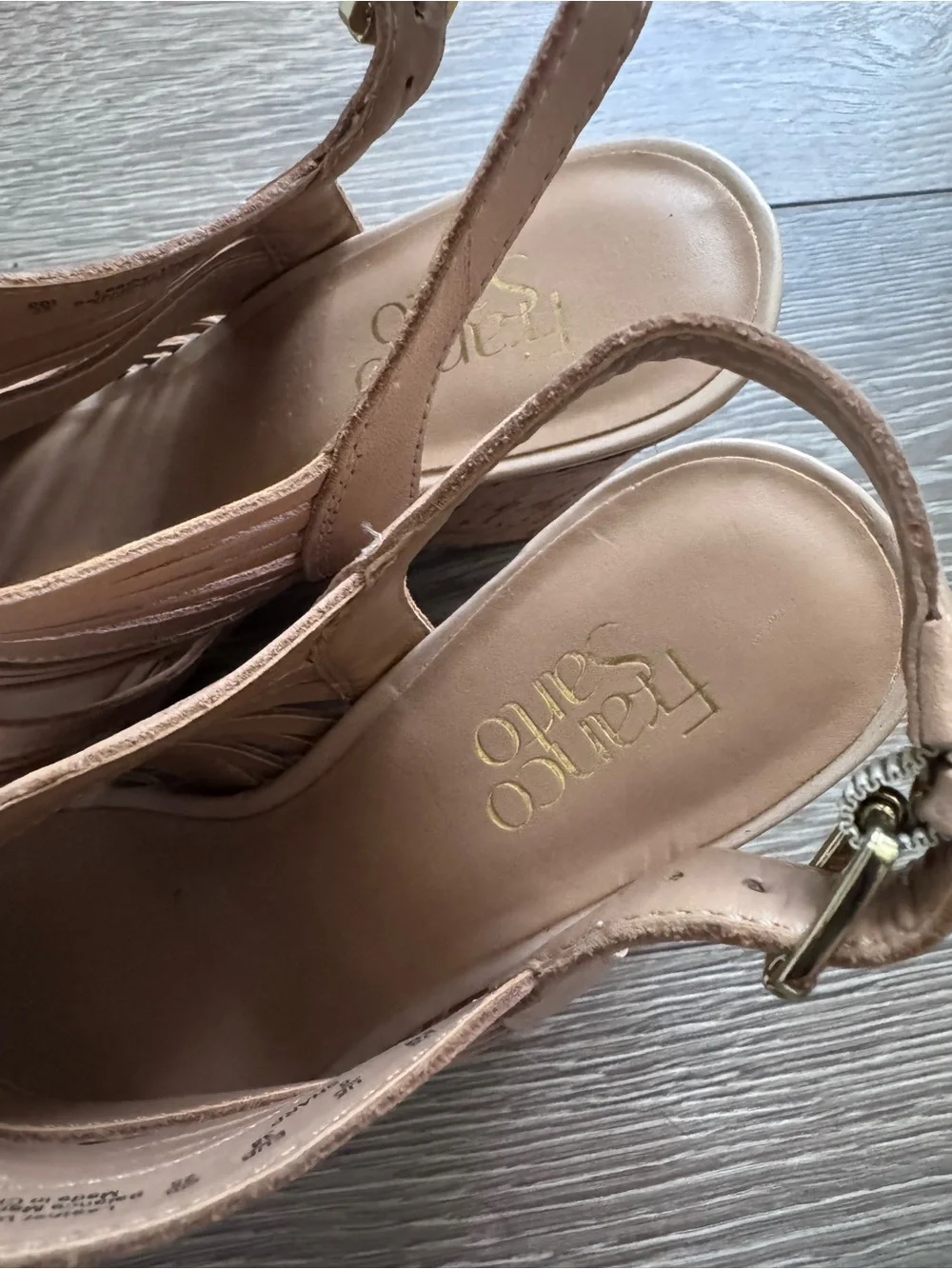 Franco Sarto Sharp tan leather cork wedge slingback sandals